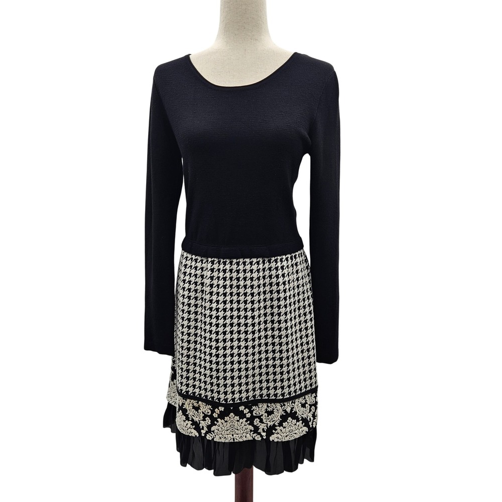 Mystree Houndstooth Long Sleeve Dress Black White Floral Ruffle‎ Hem Medium